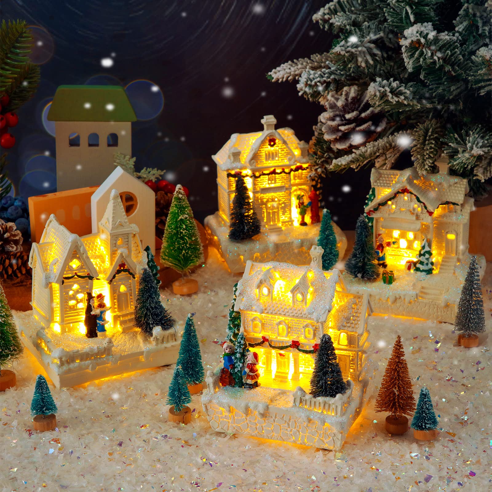 Tuanse 15 Pcs Christmas Village Accessories Set 4 LED Lighted